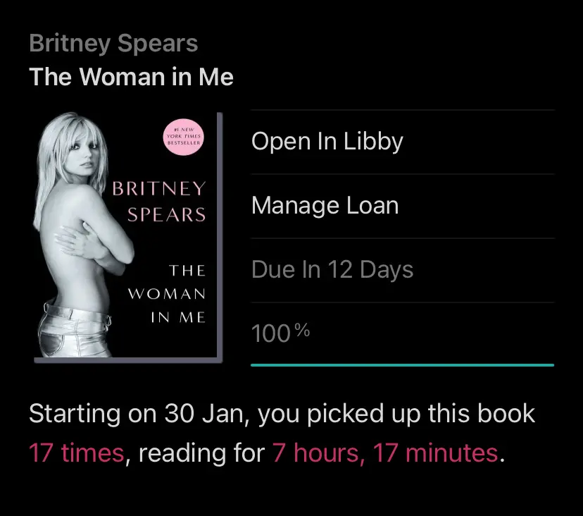 The Woman in Me by Britney Spears reading progress in Libby app.